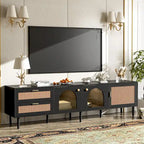 Meuble TV en rotin avec 3 armoires et 2 tiroirs, Table console multimédia pour téléviseurs jusqu'à 80 pouces, Meuble TV avec lumière LED pour salon