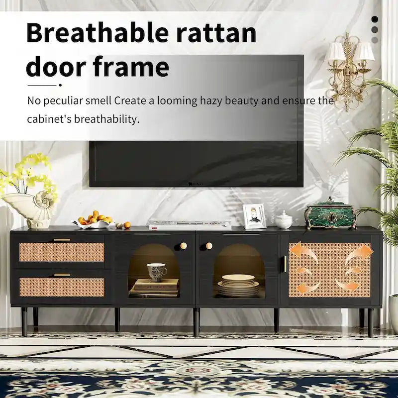 Meuble TV en rotin avec 3 armoires et 2 tiroirs, Table console multimédia pour téléviseurs jusqu'à 80 pouces, Meuble TV avec lumière LED pour salon