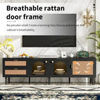 Meuble TV en rotin avec 3 armoires et 2 tiroirs, Table console multimédia pour téléviseurs jusqu'à 80 pouces, Meuble TV avec lumière LED pour salon