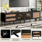 Meuble TV en rotin avec 3 armoires et 2 tiroirs, Table console multimédia pour téléviseurs jusqu'à 80 pouces, Meuble TV avec lumière LED pour salon