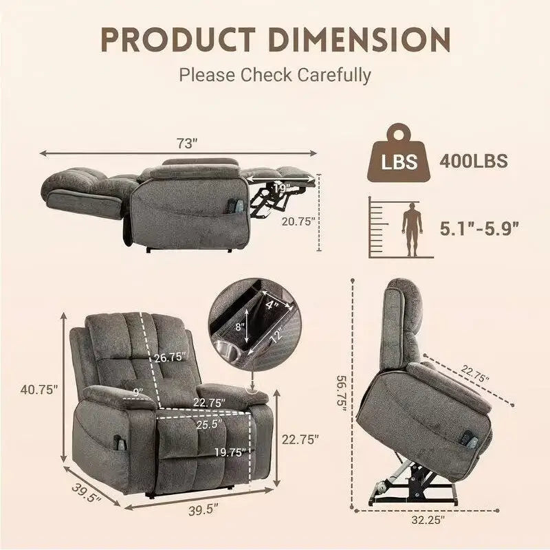 Fauteuil releveur inclinable avec repose-pieds étendu, double moteur chenille surdimensionné, chauffage, massage et chargement USB-C
