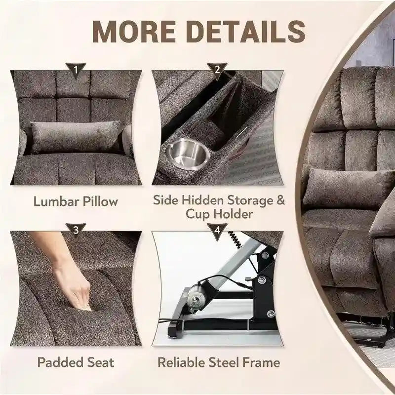 Fauteuil releveur inclinable avec repose-pieds étendu, double moteur chenille surdimensionné, chauffage, massage et chargement USB-C