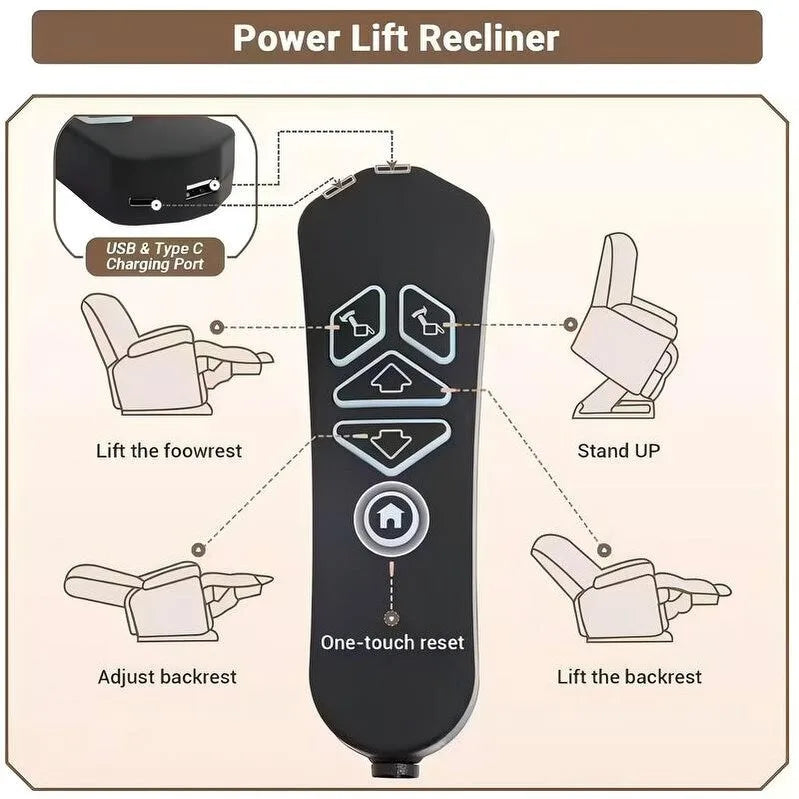 Fauteuil releveur inclinable avec repose-pieds étendu, double moteur chenille surdimensionné, chauffage, massage et chargement USB-C
