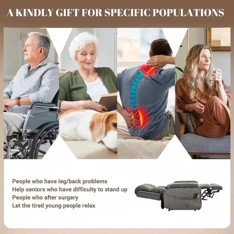Fauteuil releveur inclinable avec repose-pieds étendu, double moteur chenille surdimensionné, chauffage, massage et chargement USB-C