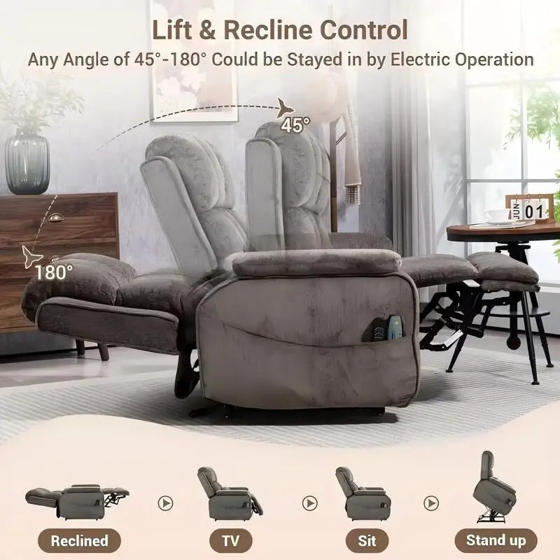 Fauteuil releveur inclinable avec repose-pieds étendu, double moteur chenille surdimensionné, chauffage, massage et chargement USB-C