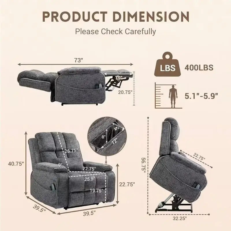Fauteuil releveur inclinable avec repose-pieds étendu, double moteur chenille surdimensionné, chauffage, massage et chargement USB-C