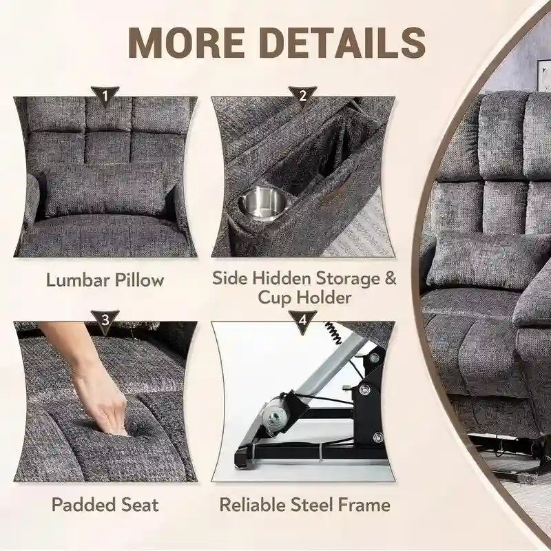 Fauteuil releveur inclinable avec repose-pieds étendu, double moteur chenille surdimensionné, chauffage, massage et chargement USB-C