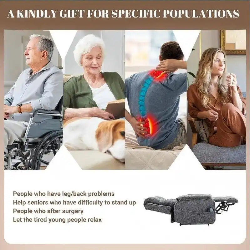 Fauteuil releveur inclinable avec repose-pieds étendu, double moteur chenille surdimensionné, chauffage, massage et chargement USB-C