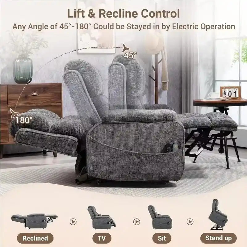 Fauteuil releveur inclinable avec repose-pieds étendu, double moteur chenille surdimensionné, chauffage, massage et chargement USB-C