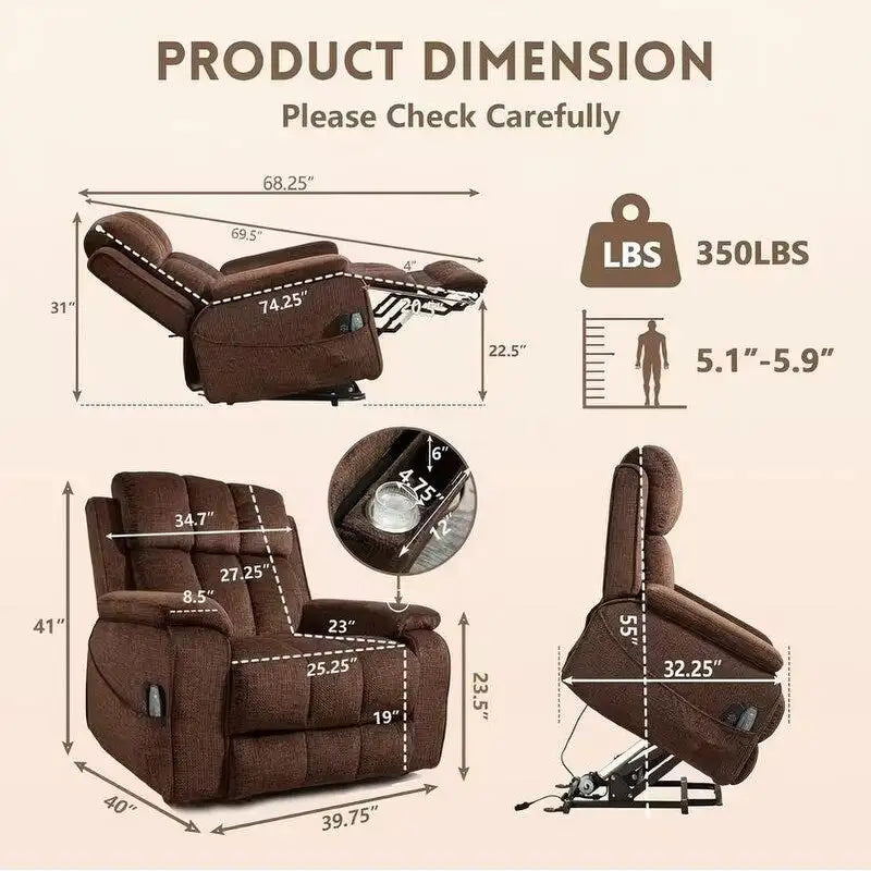 Fauteuil releveur inclinable avec repose-pieds étendu, double moteur chenille surdimensionné, chauffage, massage et chargement USB-C
