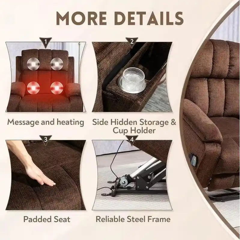 Fauteuil releveur inclinable avec repose-pieds étendu, double moteur chenille surdimensionné, chauffage, massage et chargement USB-C
