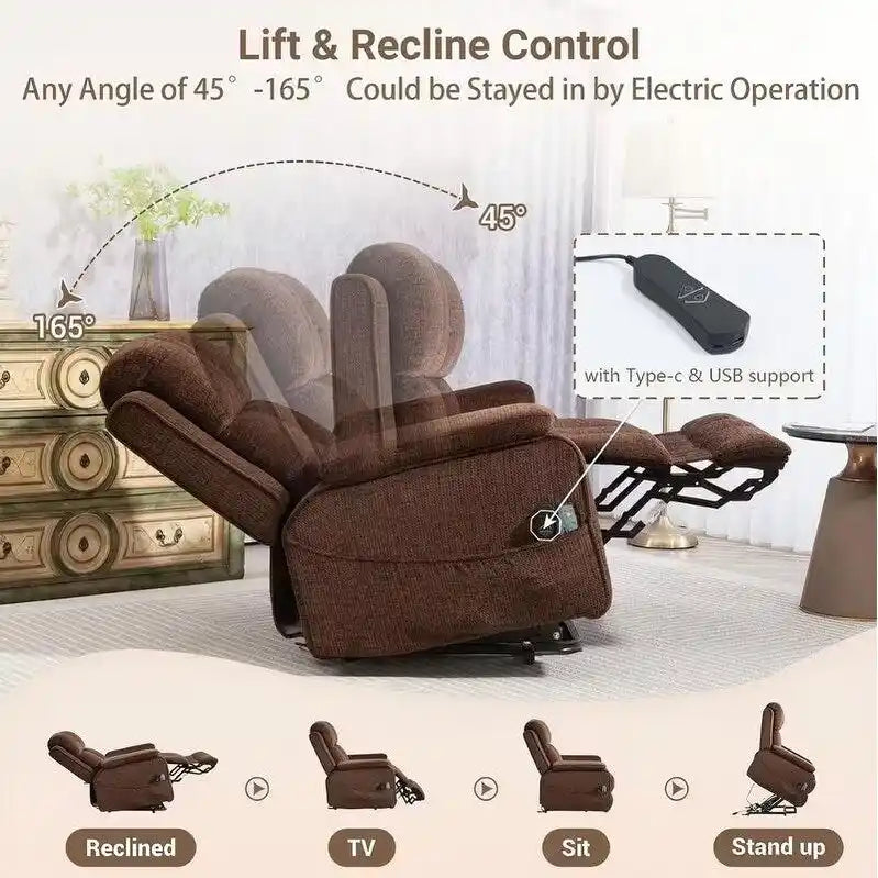 Fauteuil releveur inclinable avec repose-pieds étendu, double moteur chenille surdimensionné, chauffage, massage et chargement USB-C