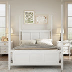 Lit à baldaquin Queen Size, cadre en bois traditionnel, design à lattes horizontales, blanc