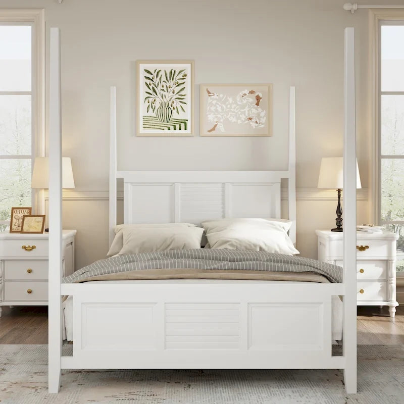 Lit à baldaquin Queen Size, cadre en bois traditionnel, design à lattes horizontales, blanc