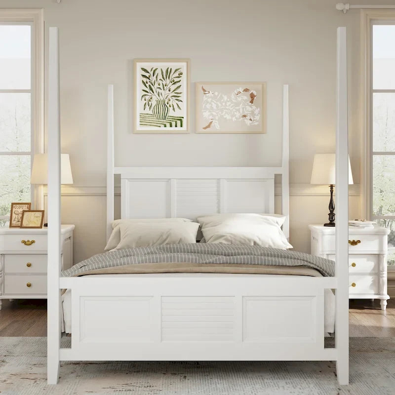 Roomfitters Queen Size Poster Bed, Traditional Wood Frame, Horizontal Grille Design, White