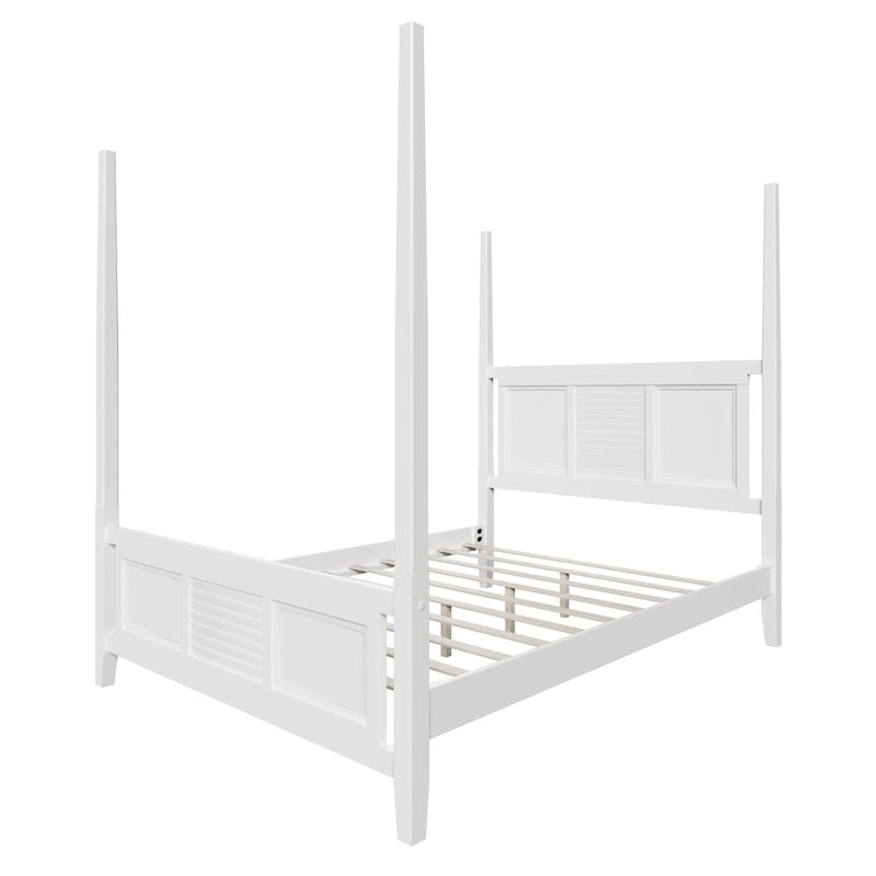 Lit à baldaquin Queen Size, cadre en bois traditionnel, design à lattes horizontales, blanc