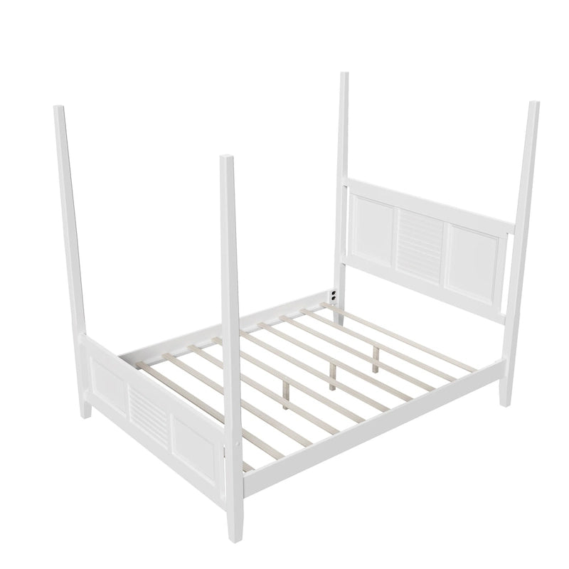 Lit à baldaquin Queen Size, cadre en bois traditionnel, design à lattes horizontales, blanc