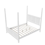 Lit à baldaquin Queen Size, cadre en bois traditionnel, design à lattes horizontales, blanc