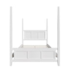 Lit à baldaquin Queen Size, cadre en bois traditionnel, design à lattes horizontales, blanc