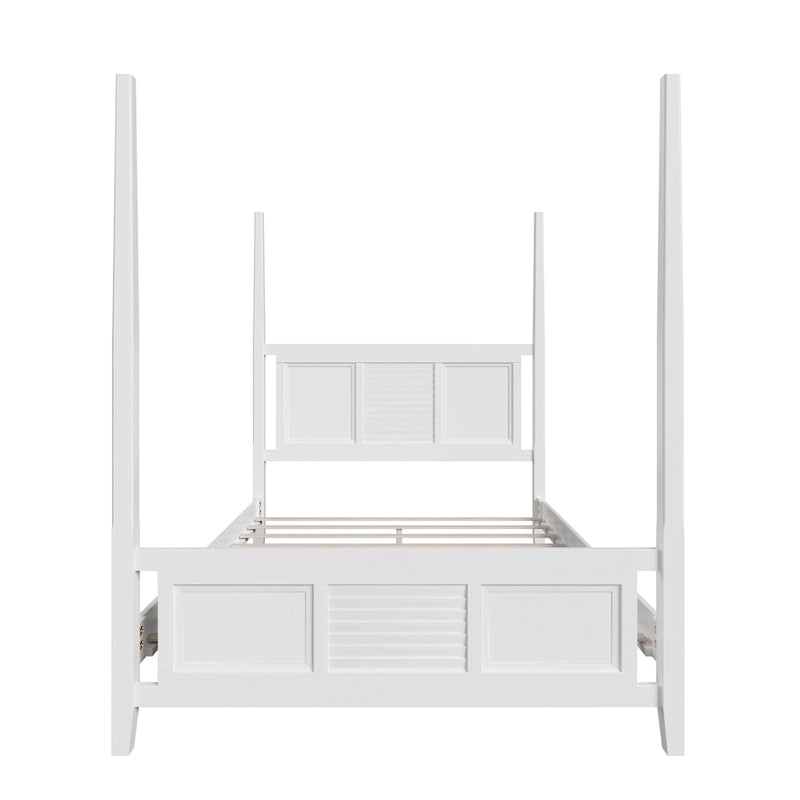 Lit à baldaquin Queen Size, cadre en bois traditionnel, design à lattes horizontales, blanc