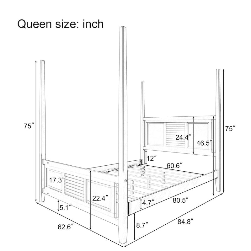 Lit à baldaquin Queen Size, cadre en bois traditionnel, design à lattes horizontales, blanc