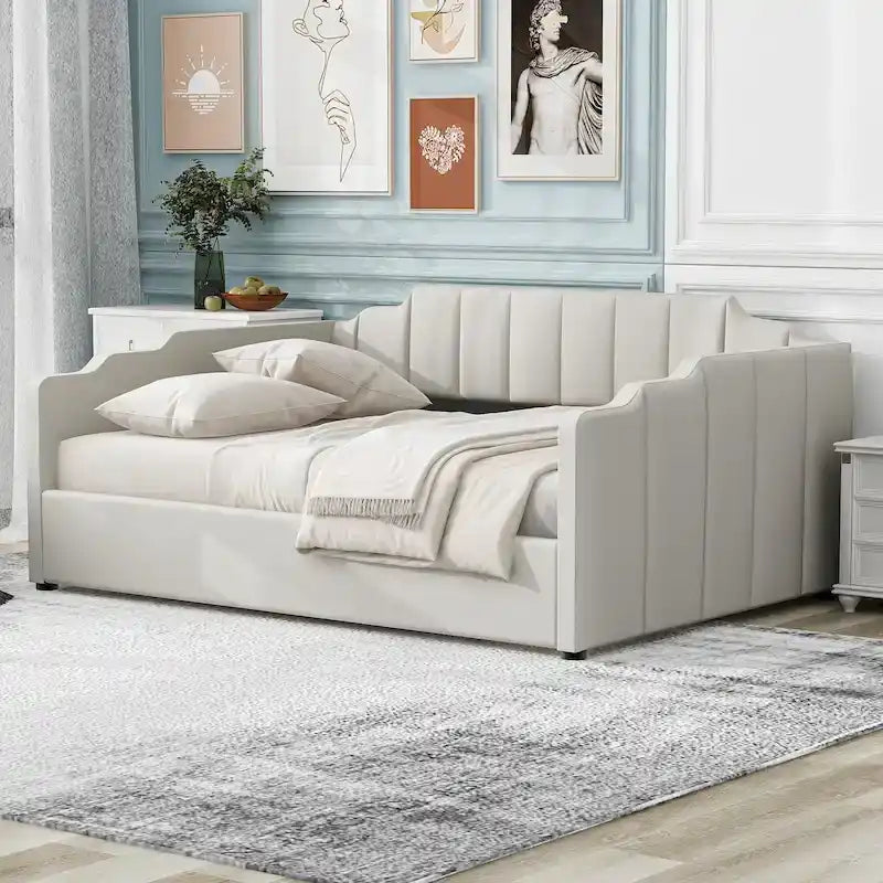 Canapé-lit rembourré avec rangement, taille double, beige