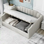 Canapé-lit rembourré avec rangement, taille double, beige