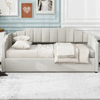 Canapé-lit rembourré avec rangement, taille double, beige