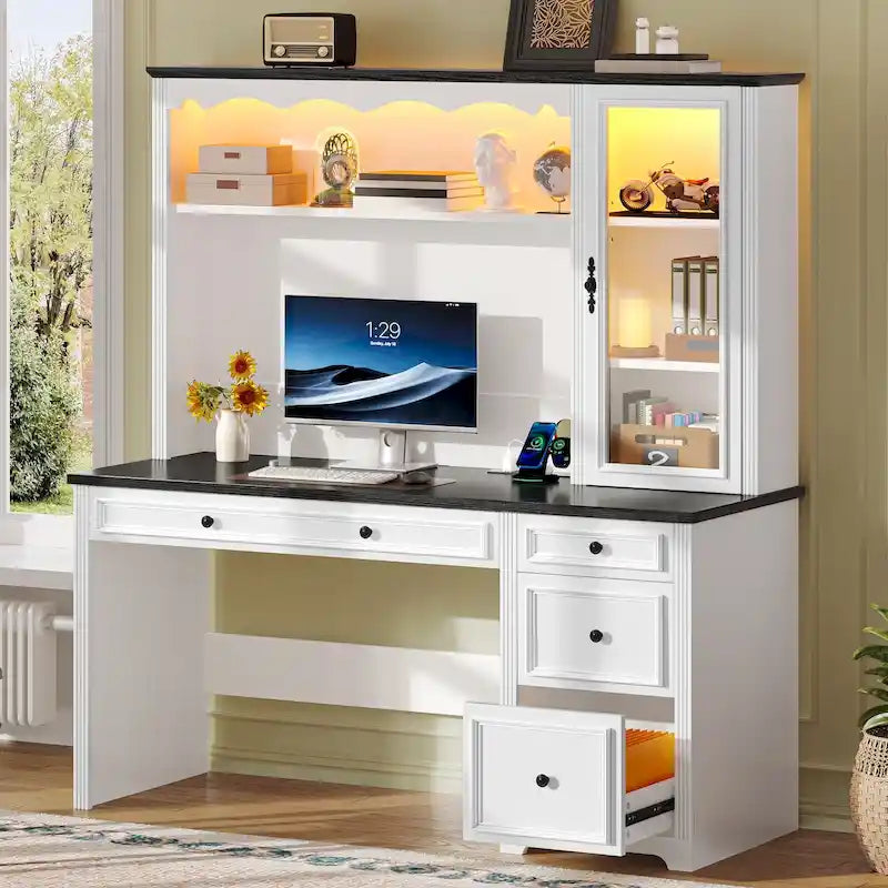 Bureau informatique avec étagère supérieure, tiroirs et meuble de rangement