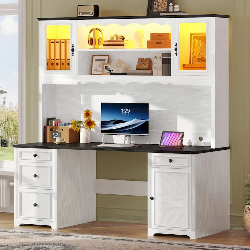 Bureau informatique avec étagère supérieure, tiroirs et meuble de rangement