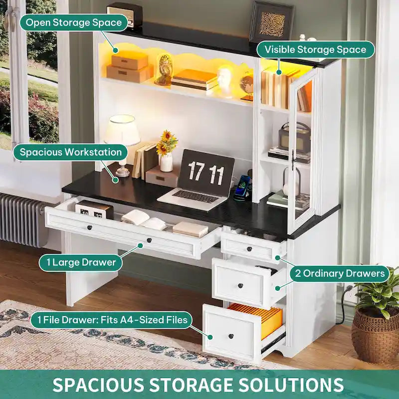 Bureau informatique avec étagère supérieure, tiroirs et meuble de rangement