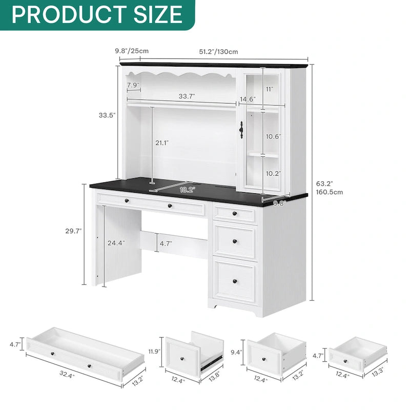 Bureau informatique avec étagère supérieure, tiroirs et meuble de rangement