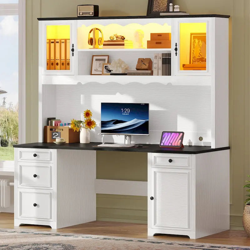 Bureau informatique avec étagère supérieure, tiroirs et meuble de rangement