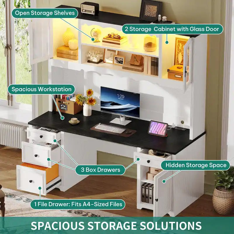Bureau informatique avec étagère supérieure, tiroirs et meuble de rangement