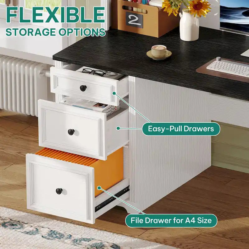 Bureau informatique avec étagère supérieure, tiroirs et meuble de rangement