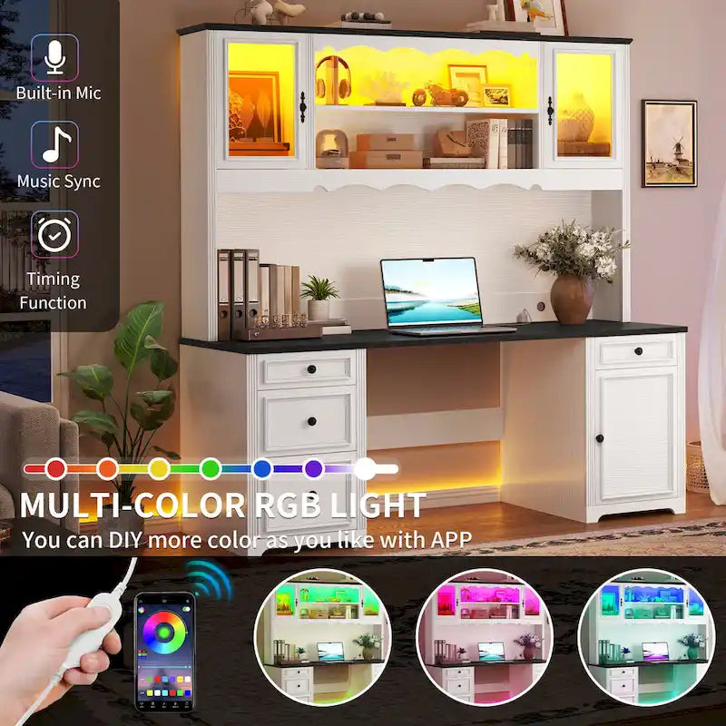 Bureau informatique avec étagère supérieure, tiroirs et meuble de rangement