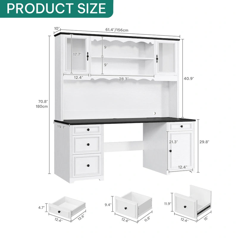 Bureau informatique avec étagère supérieure, tiroirs et meuble de rangement