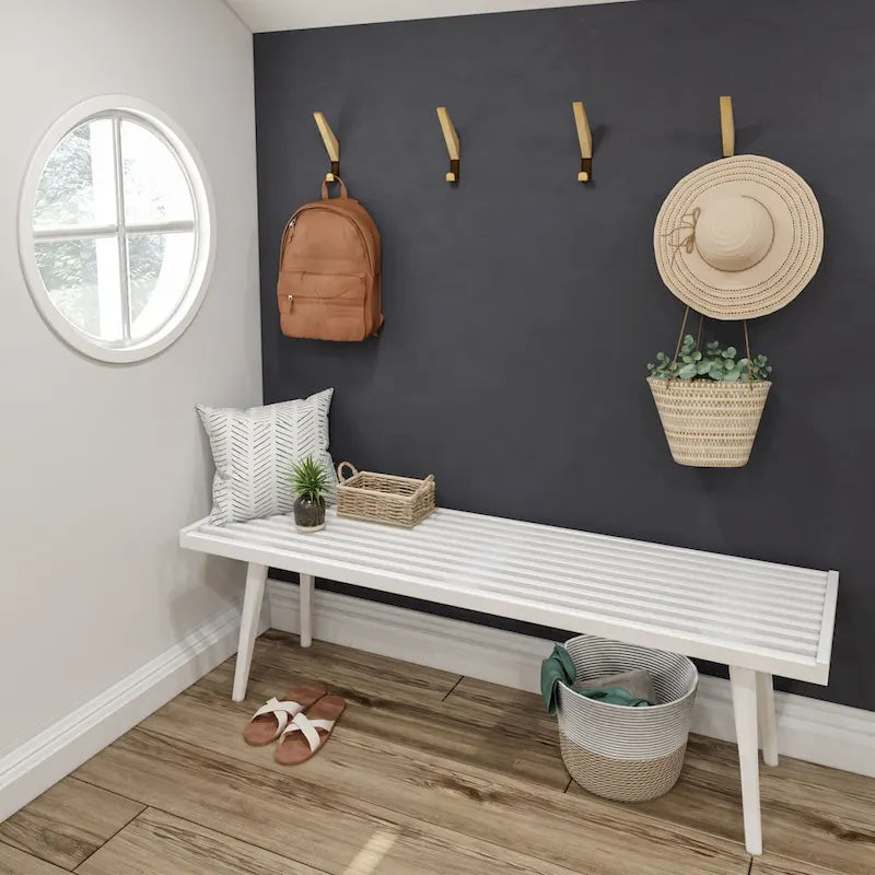 Banc d'entrée double en bois de style Mid-Century - 143,5 cm L x 42 cm l x 44,5 cm H