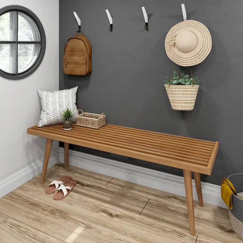Banc d'entrée double en bois de style Mid-Century - 143,5 cm L x 42 cm l x 44,5 cm H