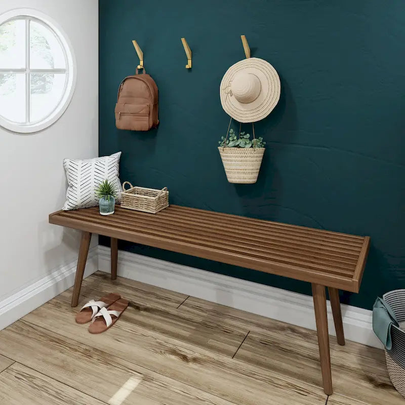Banc d'entrée double en bois de style Mid-Century - 143,5 cm L x 42 cm l x 44,5 cm H