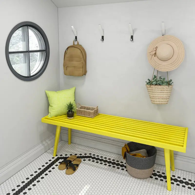 Banc d'entrée double en bois de style Mid-Century - 143,5 cm L x 42 cm l x 44,5 cm H