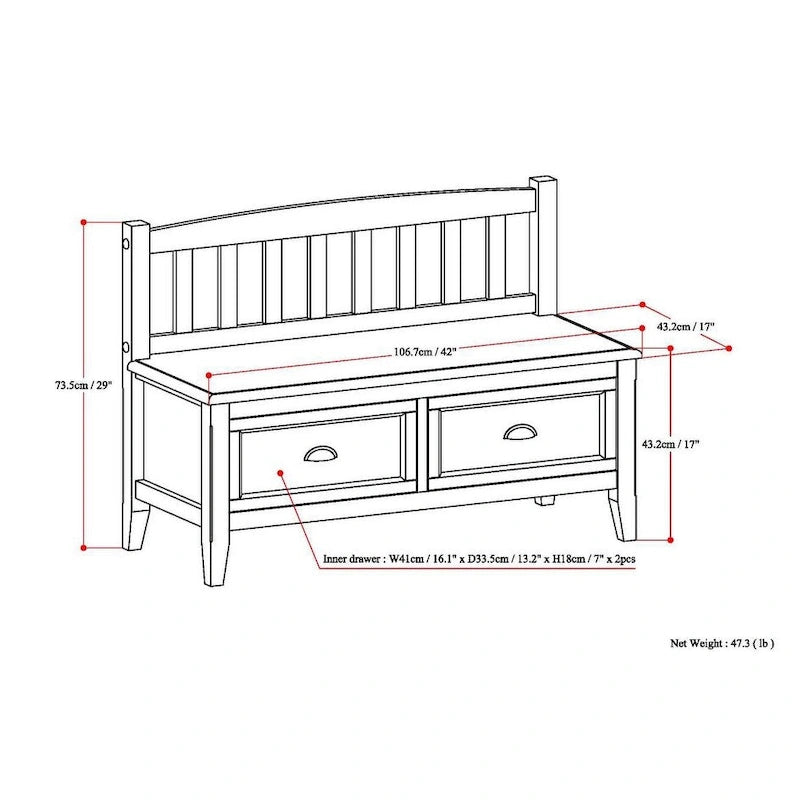 Banc de rangement d'entrée de 106,7 cm de large en bois massif de style transitionnel avec tiroirs