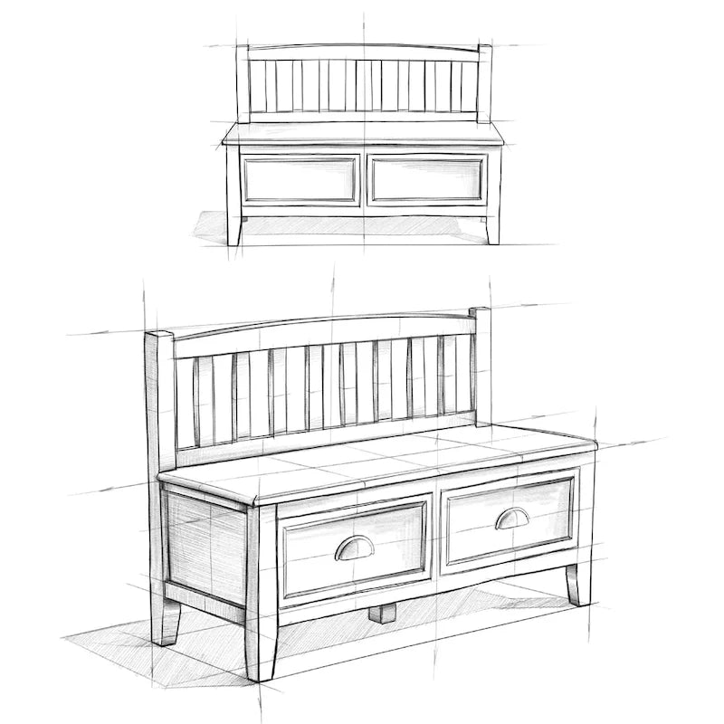 Banc de rangement d'entrée de 106,7 cm de large en bois massif de style transitionnel avec tiroirs