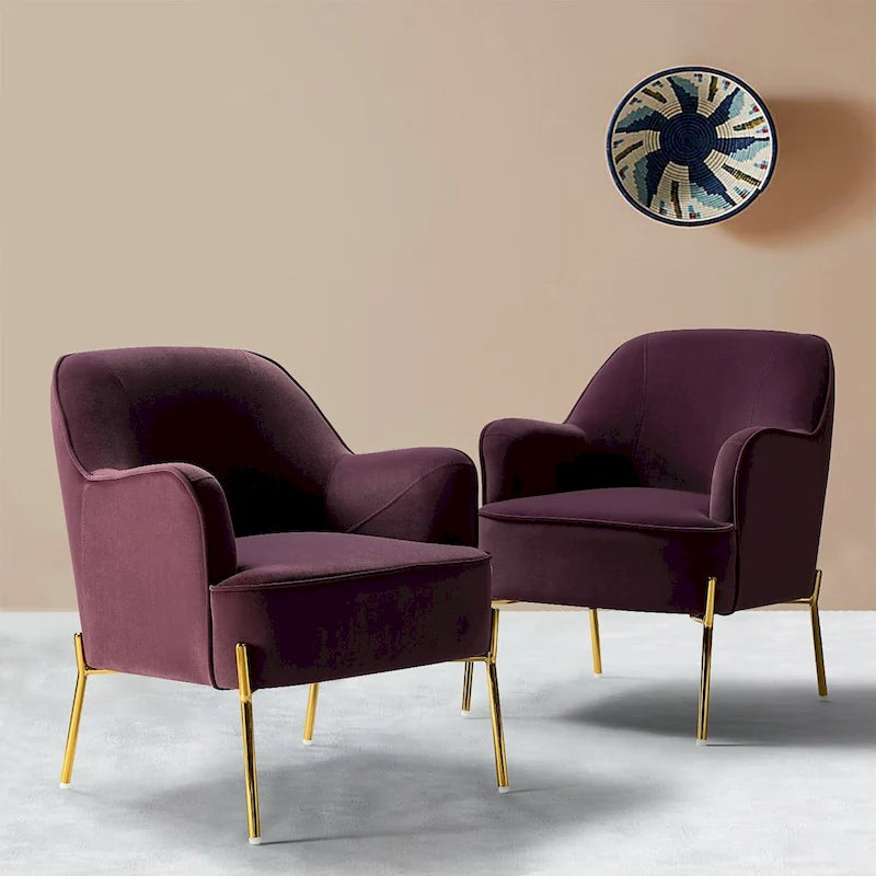 Lot de 2 fauteuils d'appoint modernes en velours avec pieds dorés