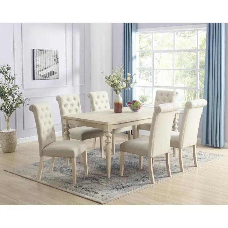 Ensemble de salle à manger 7 pièces, table à manger avec pieds tournés et 6 chaises capitonnées