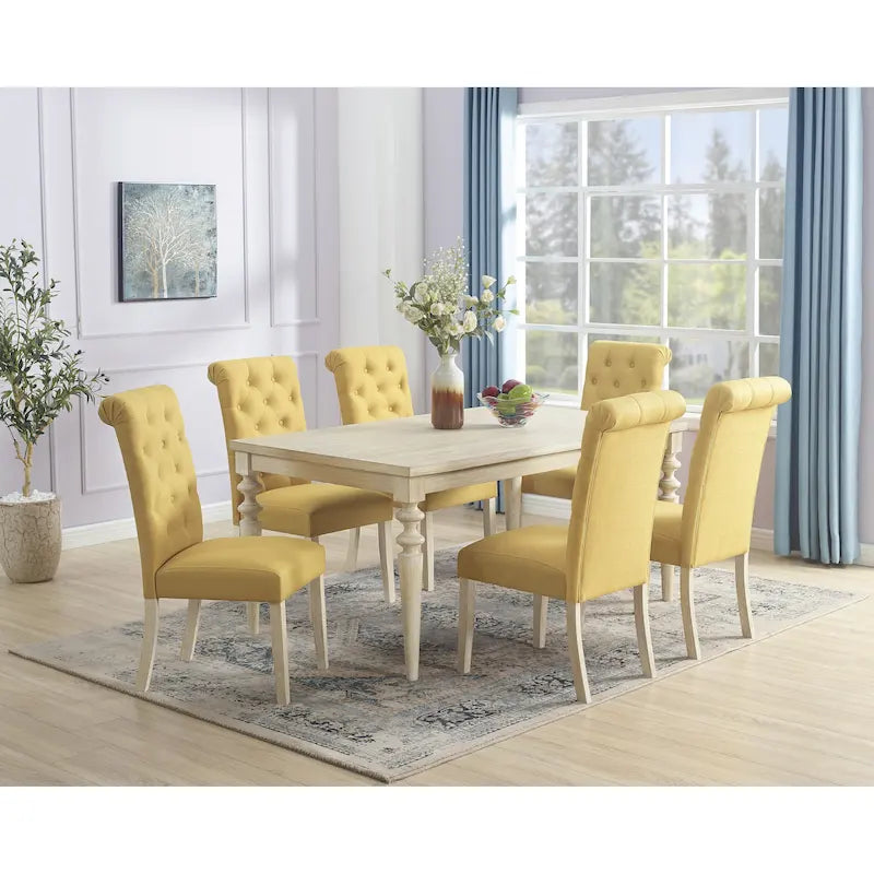 Ensemble de salle à manger 7 pièces, table à manger avec pieds tournés et 6 chaises capitonnées