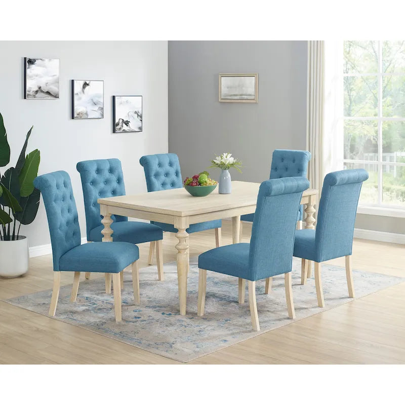 Ensemble de salle à manger 7 pièces, table à manger avec pieds tournés et 6 chaises capitonnées