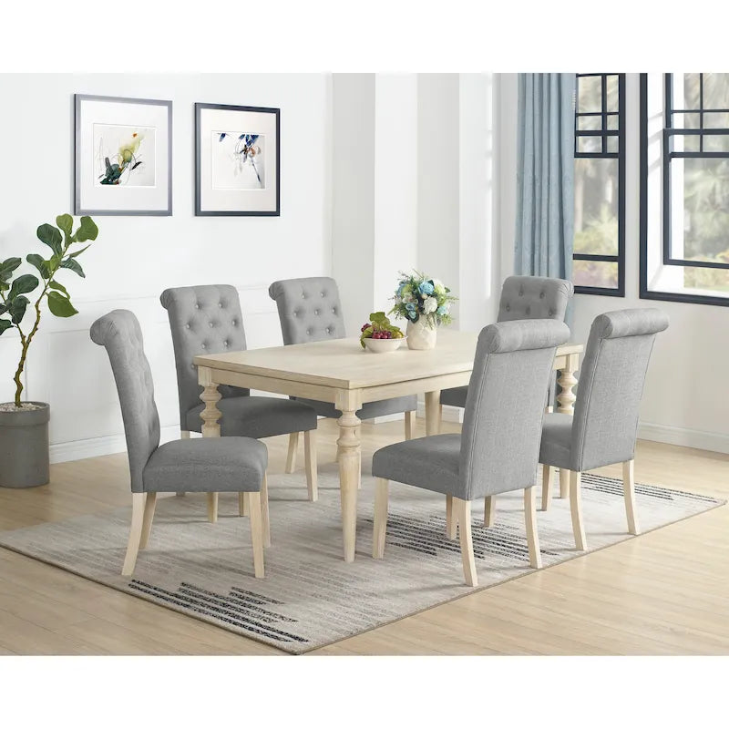 Ensemble de salle à manger 7 pièces, table à manger avec pieds tournés et 6 chaises capitonnées