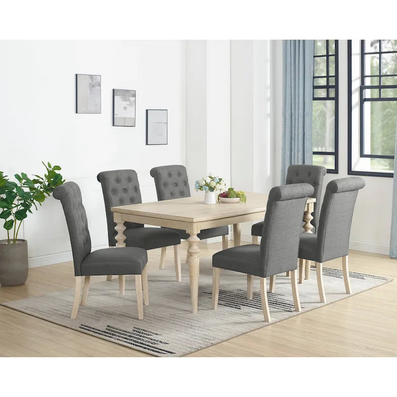 Ensemble de salle à manger 7 pièces, table à manger avec pieds tournés et 6 chaises capitonnées