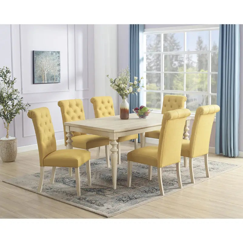 Ensemble de salle à manger 7 pièces, table à manger avec pieds tournés et 6 chaises capitonnées